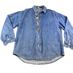 Top Line Women Denim Shirt Cotton Blue Large Vintage 1992 Looney Tunes Christmas